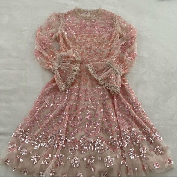 BHLDN Needle & Thread Pink Sequin Long Sleeve Dress, Size 0 NWOT - Picture 7 of 15